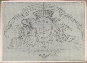 Wapen met drie putti door Hubert Francois Gravelot