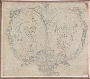 Dubbele Cartouche met Twee Hoofden en Symbolen van Roem en Dwaasheid door Hubert Francois Gravelot