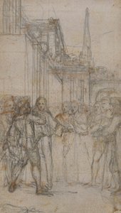 Literaire Illustratie: Man met Zwaard Confronteert Groep Figuren Voor Gebouw door Hubert Francois Gravelot