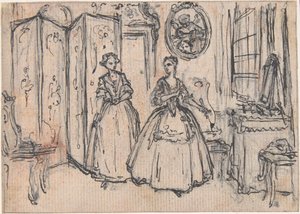 Studie voor „Over de macht van de bewaker“, geëtste vignet in „Liederen in de opera Flora“ door Hubert Francois Gravelot