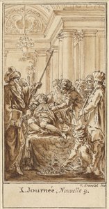 Tiende dag, negende verhaal: Saladin schenkt rijke geschenken aan de slapende Torello door Hubert Francois Gravelot