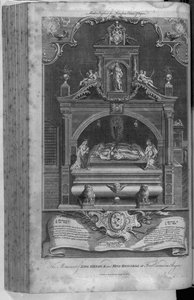 Het monument voor Hendrik II en Richard I in de abdij van Fontevrault, gegraveerd door John Goldar