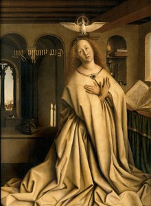 Detail van de Maagd Annunciate, van de buitenkant van het rechterpaneel van het Gentse altaarstuk