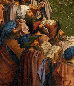 Detail van De Aanbidding van het Mystieke Lam, van het Gentse altaarstuk, onderste helft van het centrale paneel door Hubert & Jan van (1390 1441) Eyck
