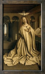 De engel Gabriël brengt de boodschap aan Maria, detail van het gesloten Gentse altaarstuk