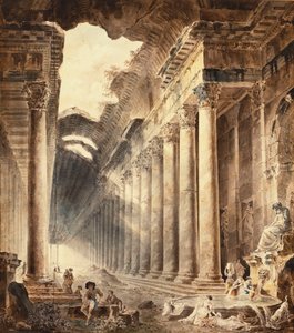 Een gebouw met zuilengang, het dak deels open naar de lucht, met meisjes die kleren wassen bij een fontein onder een standbeeld door Hubert Robert