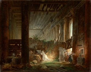 Een kluizenaar bidt in de ruïnes van een Romeinse tempel door Hubert Robert