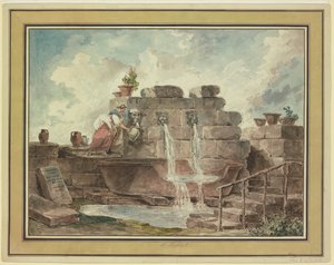 Een Romeinse fontein met een vrouw die water haalt