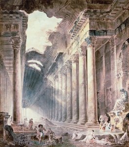 Een gebouw met zuilengalerij, het dak deels open naar de lucht, met meisjes die kleren wassen door Hubert Robert