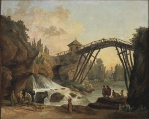 Kunstenaar tekent de houten brug in het park bij Méréville, c.1790
