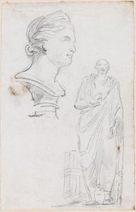 Borstbeeld van een Romeinse vrouw en standbeeld van een Romeinse man door Hubert Robert