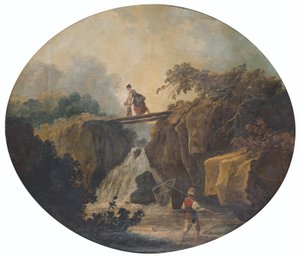 Frans: Landschap van een waterval met een brug door Hubert Robert