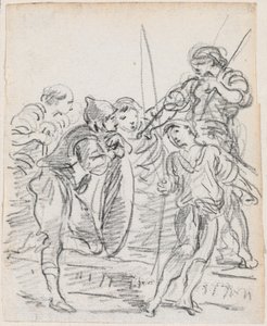 Groep mannelijke figuren in gesprek