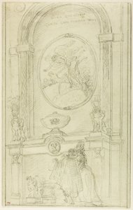 Interieur met een koppel voor een schoorsteenstuk door Hubert Robert