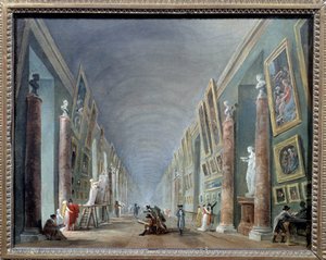 La grande galerie du Louvre tussen 1801 en 1805 Schilderij door Hubert Robert (1733-1808) Sun. 0,37 x 0,46 Musee du Louvre, Parijs