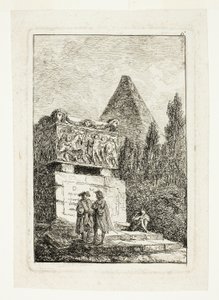 Landschap met piramide en sarcofaag, plaat zes uit Les Soirées de Rome door Hubert Robert