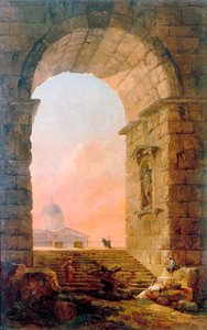 Landschap met een Boog en de Sint-Pietersbasiliek in Rome door Hubert Robert
