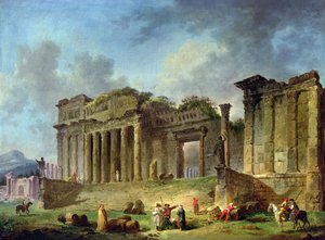 Man die de ruïnes van een klassieke tempel schetst