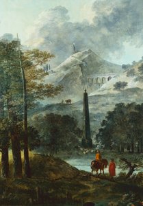 Berglandschap met een Obelisk door Hubert Robert