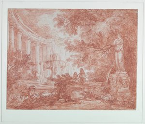 Park met fontein en standbeeld door Hubert Robert