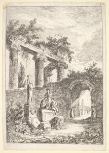 Plaat 3: Het Standbeeld Voor de Ruïnes: een standbeeld links naast drie figuren op een p..., ca. 1763-64