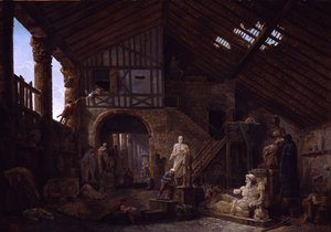 Atelier van een restaurateur van antieke voorwerpen in Rome door Hubert Robert