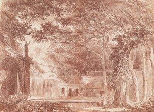 De ovale fontein in de tuinen van de Villa d