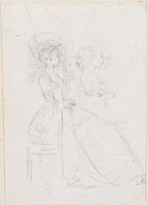 Twee zittende vrouwen met mannelijke figuur tussen hen [verso] door Hubert Robert
