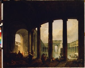 Een bassin omgeven door een colonnade door Hubert Robert