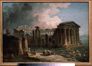 Een tempel omringd door water door Hubert Robert