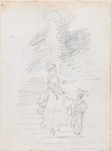 Vrouw en Kleinere Mannelijke Figuur op Grote Trap [recto] door Hubert Robert