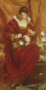 Een dame die bloemen rangschikt door Hubert von Herkomer