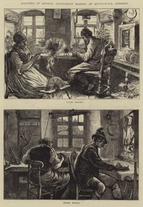 Schetsen van muziekinstrumentmakers in Mittenwald, Duitsland door Hubert von Herkomer