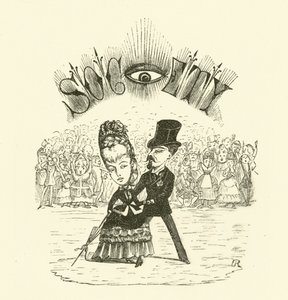 Maatschappij, met een groot OOG (gravure) door Hugh Rowley