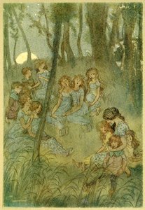 En nachtelijke weidefeeën, kijk je zingen, uit De Vrolijke Vrouwtjes van Windsor, pub. 1910 door Hugh Thomson