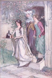 "Anne Page komt binnen met wijn, gevolgd door Mevrouw Ford en Mevrouw Page", illustratie uit 