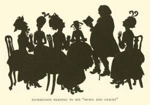 Richardson leest voor aan zijn "Muzen en Gratiën" (gravure)