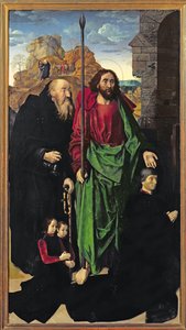 Het Portinari Altaarstuk, St. Thomas en St. Antonius de Kluizenaar met Tommaso Portinari en twee zonen Antonio en Pigello, Linkervleugel door Hugo van der Goes