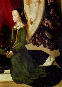 Tryptiek van Portinari (detail) een jong meisje in gebed. Schilderij door Hugo van der Goes (1440-1482). 1475