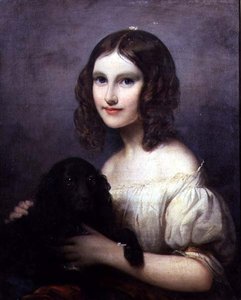 Portret van een jong meisje met haar hond door Hugues Merle