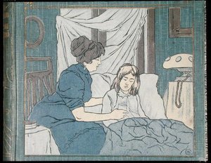 Een moeder die voor haar zieke dochter zorgt, van de omslag van een medisch familieboek, ca. 1900 door Hungarian School