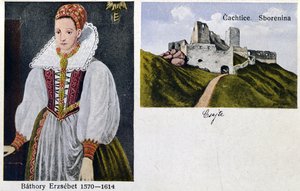 Ansichtkaart met gravin Elisabeth Bathory (1560-1614) en kasteel Cachtice
