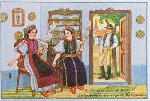 Ansichtkaart met vrouwen in traditionele Hongaarse kleding die het populaire lied Zing een lied voor de kikker zingen, ca. 1940 door Hungarian School