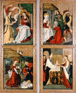 De Aankondiging, de Geboorte van Christus, de Aanbidding door de Wijzen en de Presentatie in de Tempel van het Szepeshely-altaarstuk, 1480-90 door Hungarian School