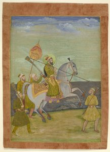 Ruiterportret van Bahadur Shah als jonge man, Mughal, ca. 1690 (gouache met goud op papier) door Hunhar I (attr. to)