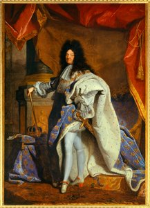 Portret van Louis XIV op 63-jarige leeftijd in groot koninklijk kostuum door Hyacinthe (studio of) Rigaud