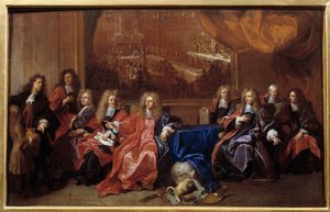 De provoost en de schepenen van de stad Parijs beraadslagen over de herdenking van het diner aangeboden aan Lodewijk XIV in het stadhuis na zijn oorlog in 1687