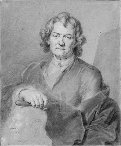 Portret van Pierre Puget, zijn rechterhand houdt een hamer vast en rust op een gebeeldhouwd hoofd
