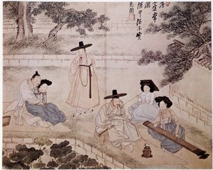 Muziek, parfum en koppel in een tuin, Korea - door Hye-Wol, Yi-dynastie door Hyewon