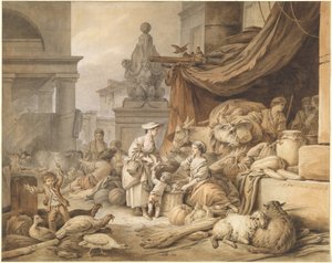 Marktscène met een Fantastisch Beeldhouwwerk door I Jean Baptiste Hüet